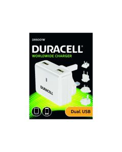 Duracell 230V til 2 x USB-A port 2.4A & 1.0A - Hvid