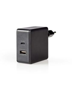 NEDIS, Vægoplader  1x 2.4 A / 1x 3.0 A  Antal output: 2  Porttype: 1x USB-A / 1x USB-C™  Uden Kabel  57 W  Automatisk Valgt Spænding